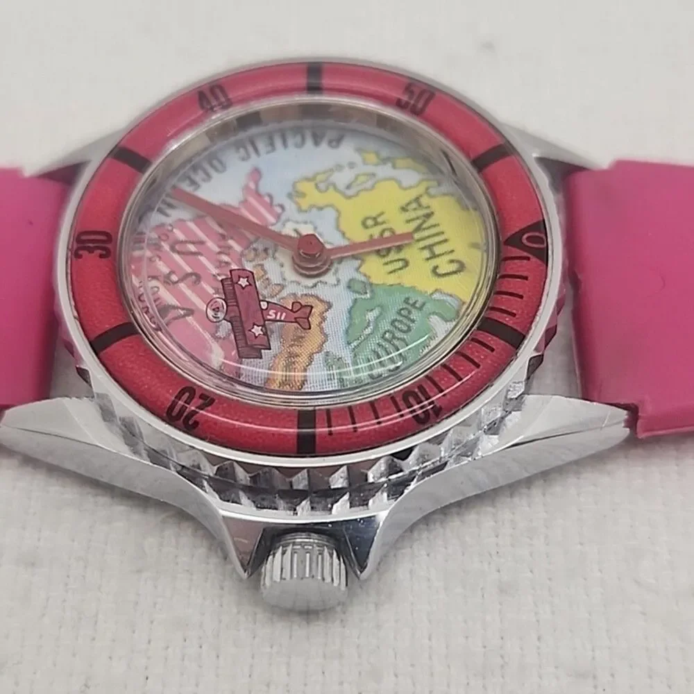 Watch Out of Time World Map Hand Wind Water Resistant Stainless Flying Plane 80s